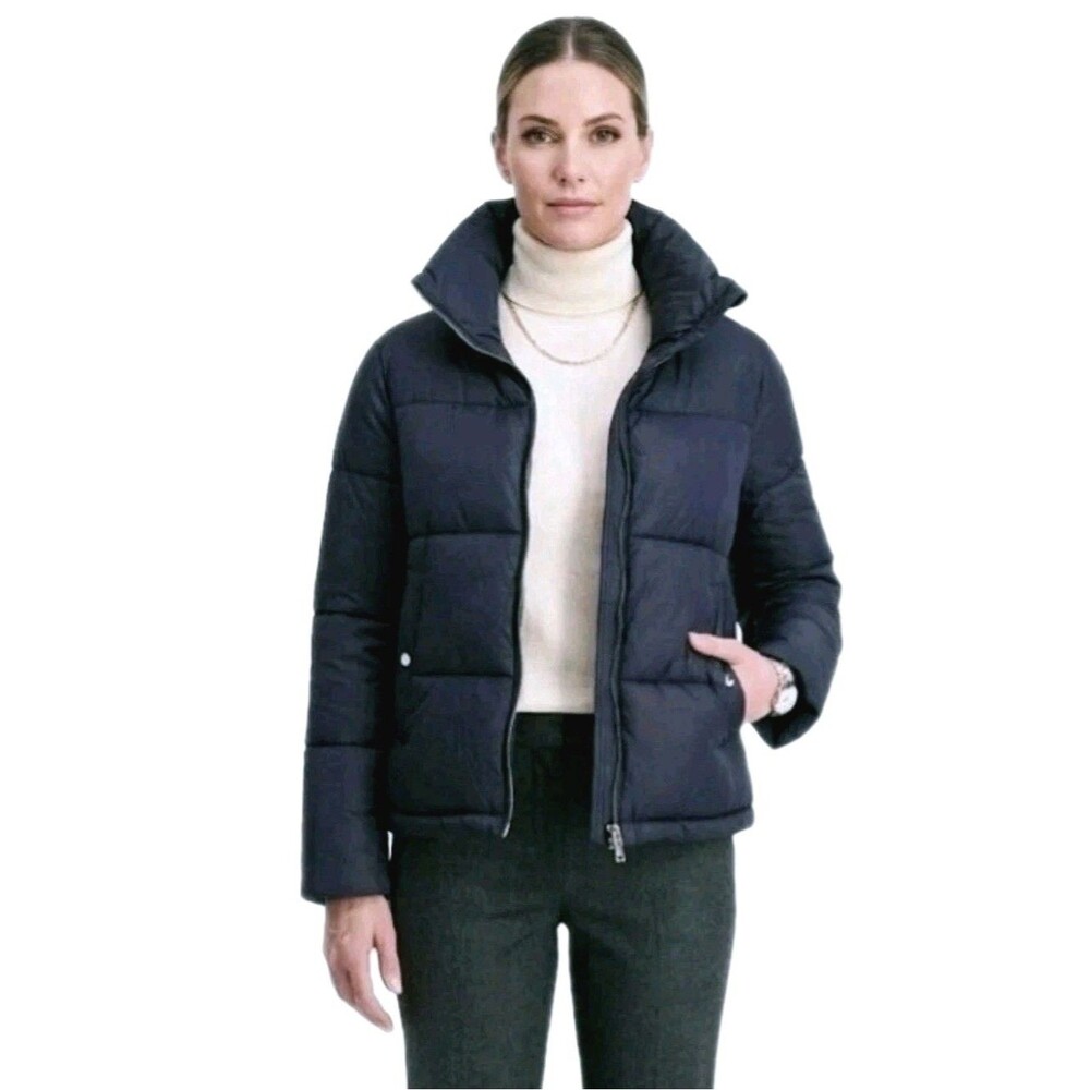 Hudson Women's Short Puffer Jacket Packable Stand Collar Midweight Navy Size XL